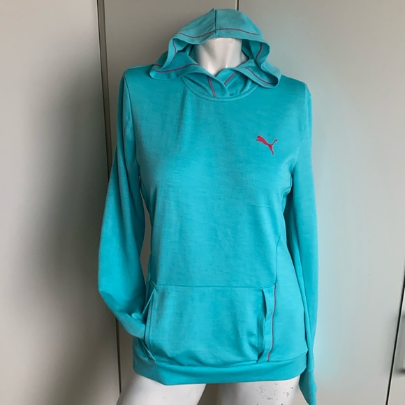 PUMA Dry cell teal long sleeve hooded t-shirt with pouch Women’s medium - Picture 1 of 8